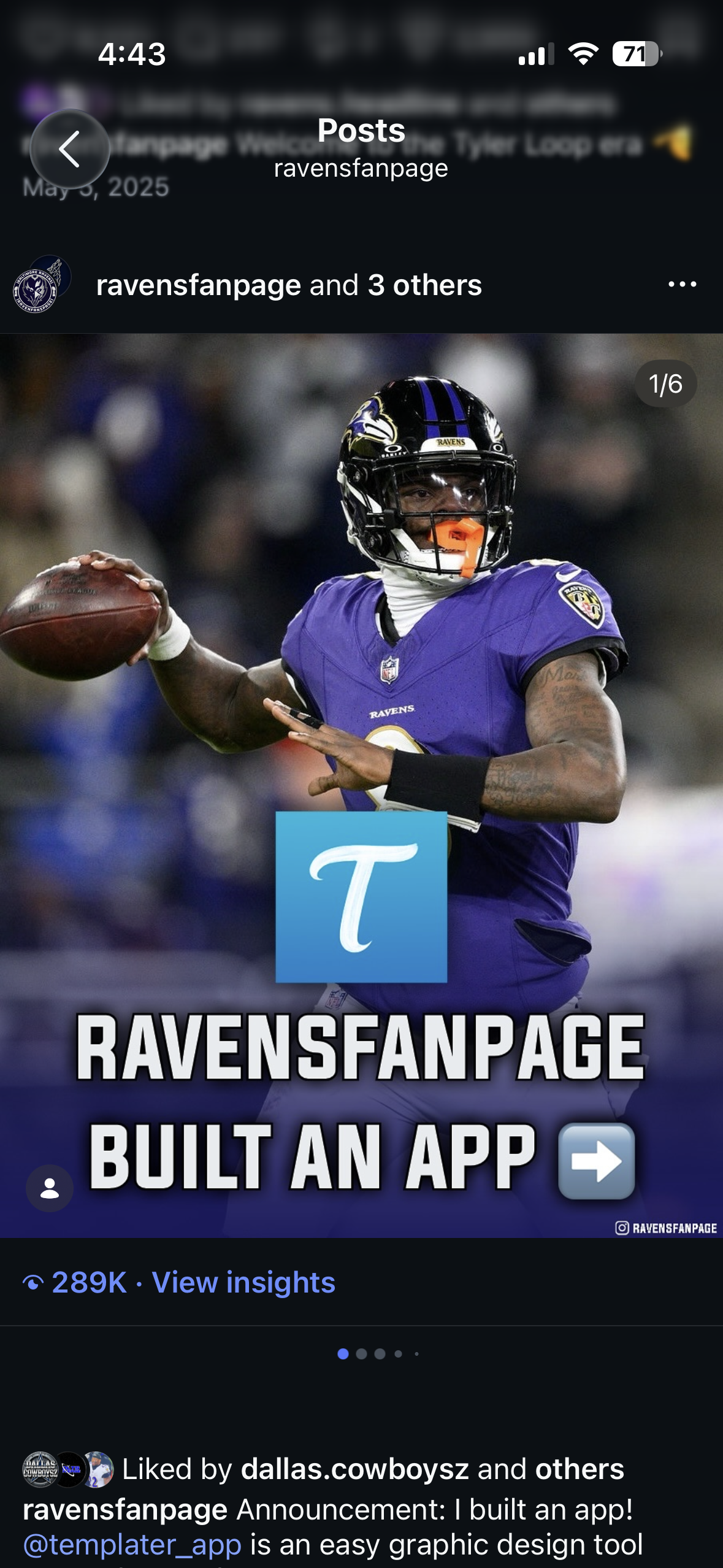 Templater app announcement post on Ravensfanpage