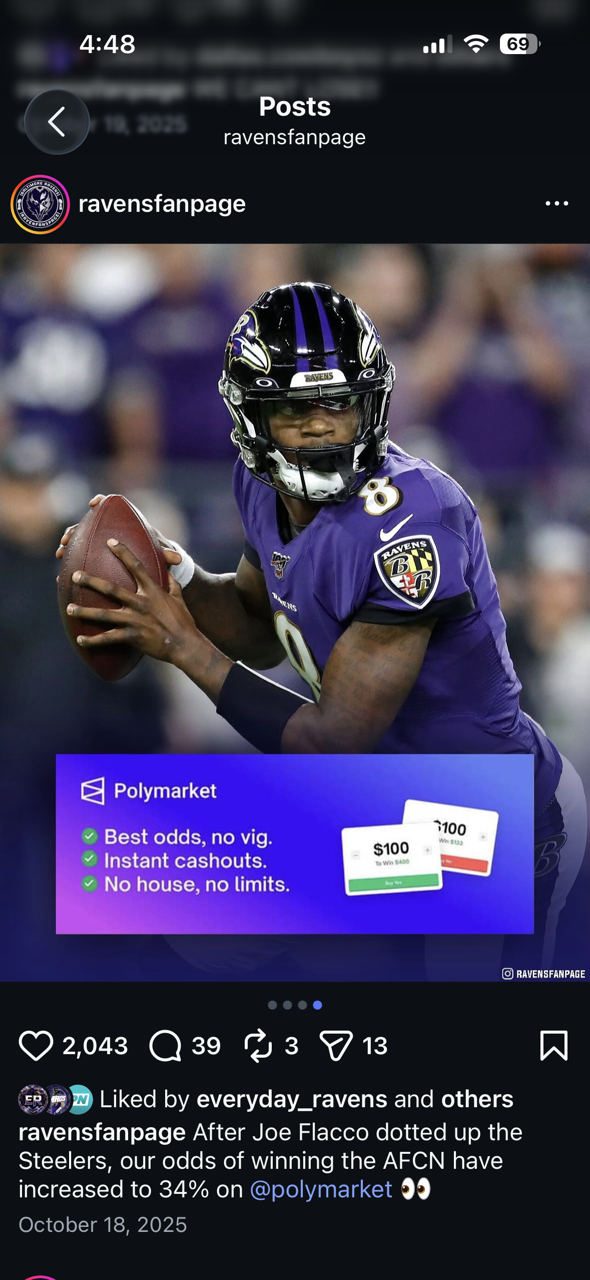 Polymarket ad on Ravensfanpage